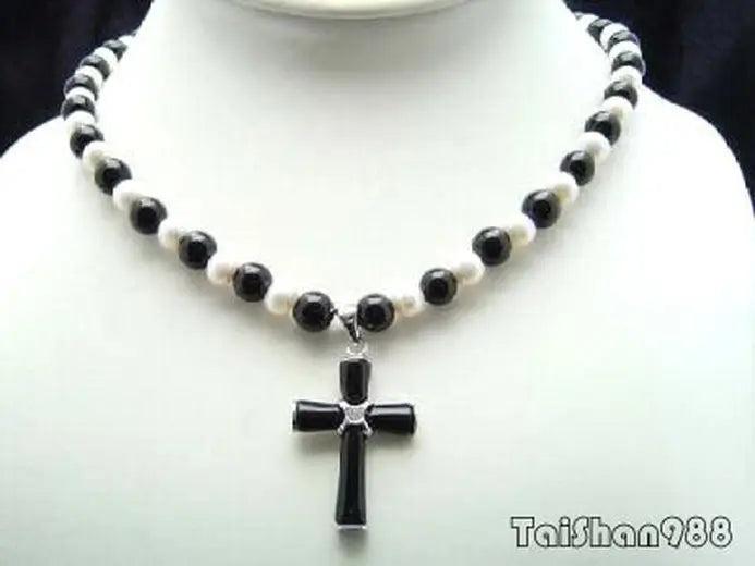Genuine Pearl 18KWGP Crystal Cross Pendant Necklace