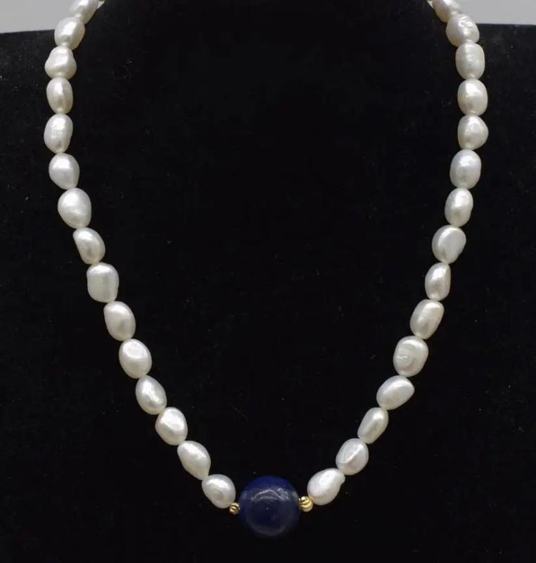 Freshwater Pearl & Lapis Round Necklace 17in
