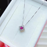 Square Natural Garnet Pendant Silver Necklace for Women