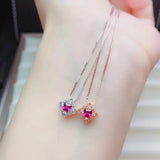 Square Natural Garnet Pendant Silver Necklace for Women