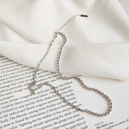 925 Silver Choker Necklace Asymmetric Ball Beads Half Link Chain Short Necklace