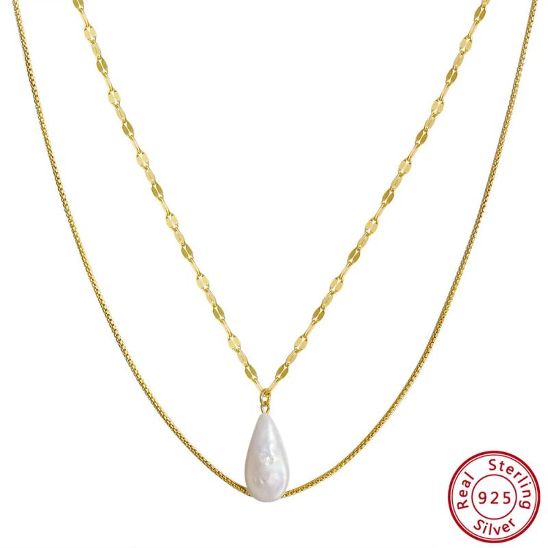 925 Silver Pearl Necklace with Freshwater Pearl Pendants Layered Necklace