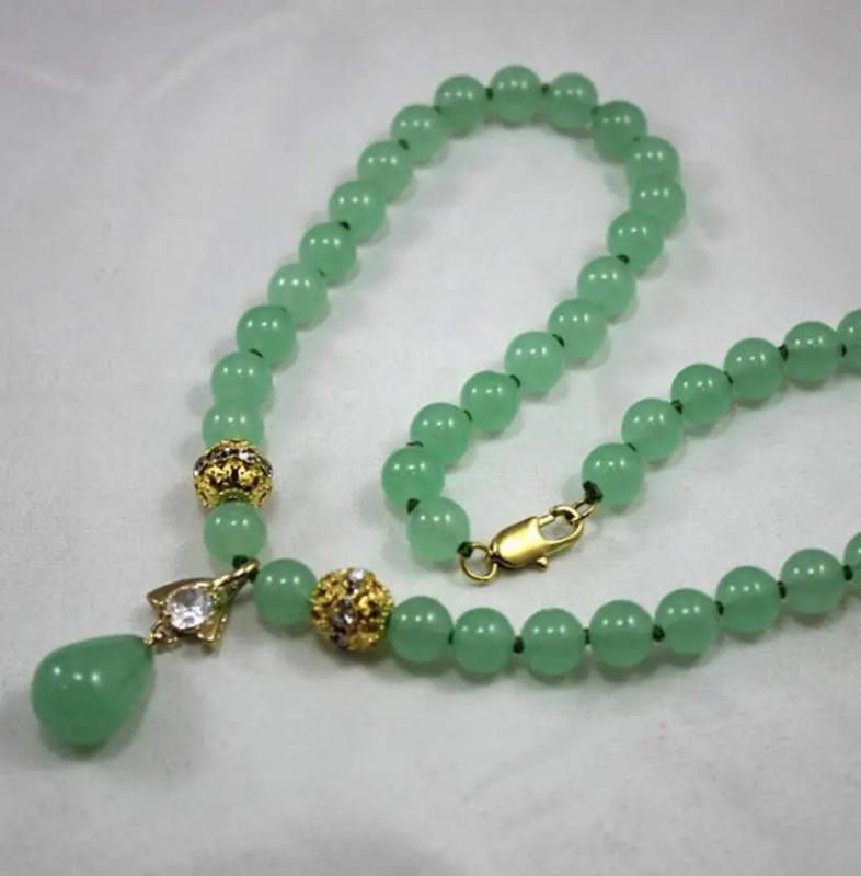 8mm Light Green Jade Necklace Crystal Plated Pendant