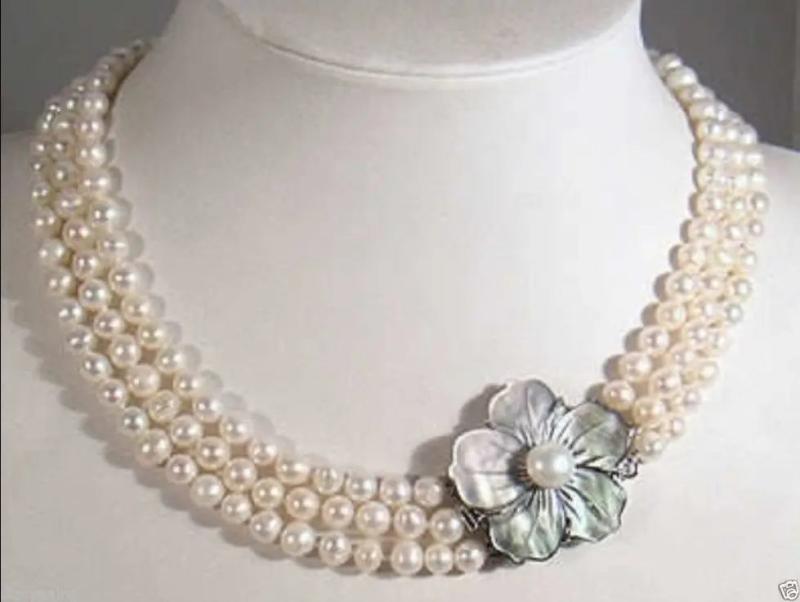 3 Rows 7-8mm Akoya Pearl Necklace with Shell Clasp