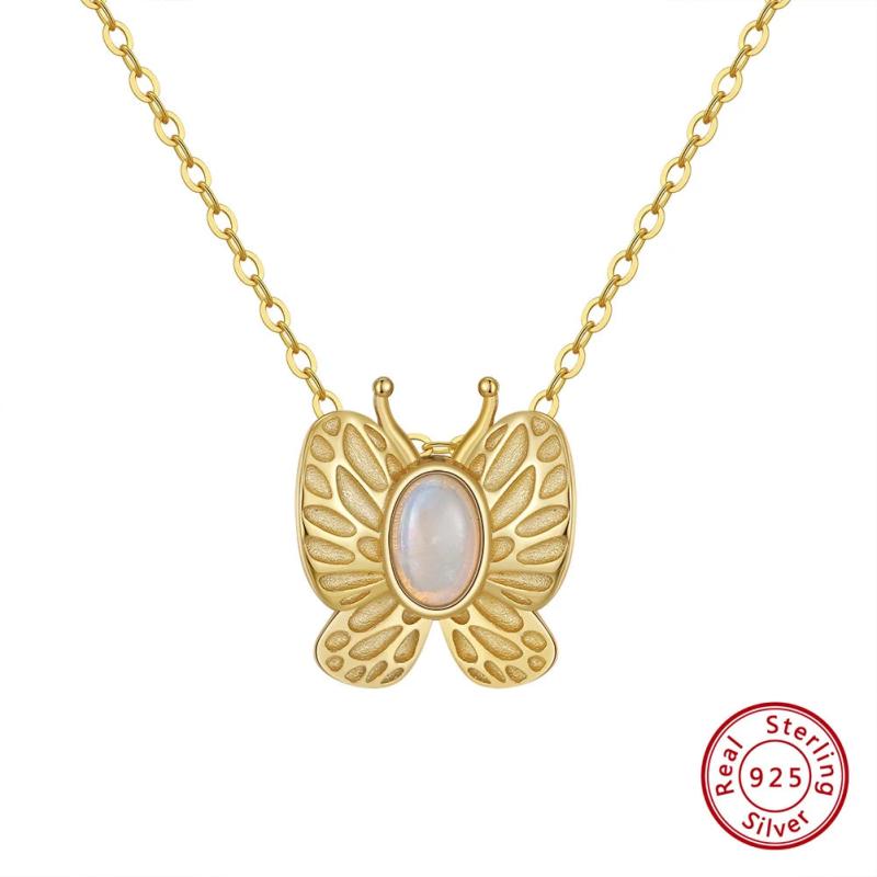 Natural Opal Butterfly Necklace Sterling Silver Gemstone Pendant