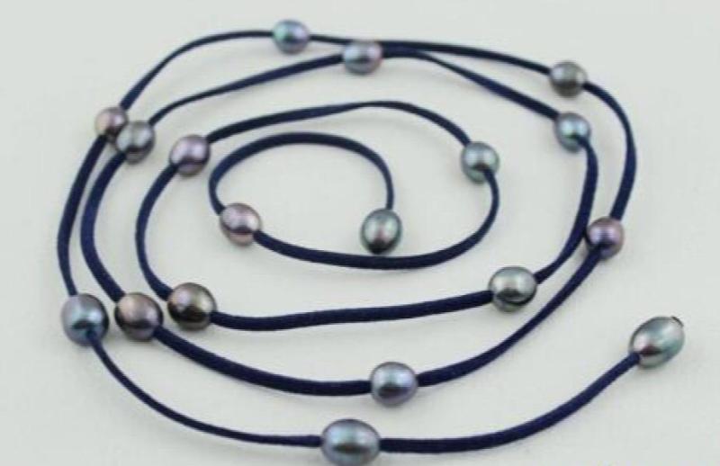 Dark Leather Necklace w/ Freshwater Pearl 48IN 10x12mm