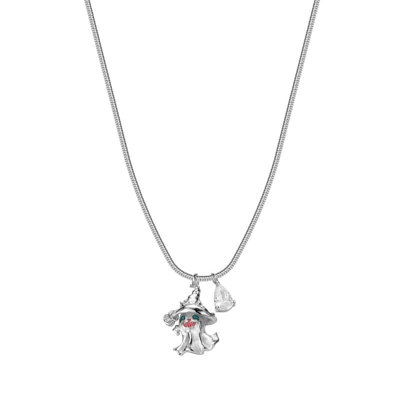Real S925 Sterling Silver Zircon Spooky Wizard Hat Ghost Pendant