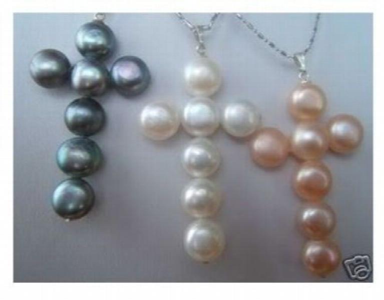 3PCS Freshwater Pearl Cross Pendant Necklace