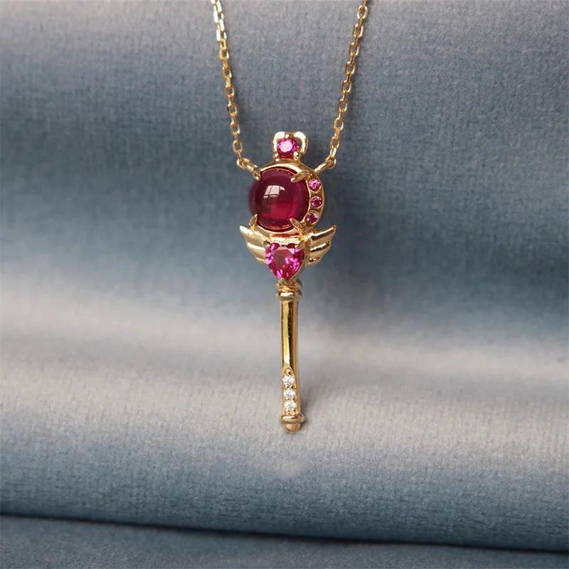 925 Silver Sailor Moon Pendant Necklace Red Crystal Scepter Jewelry