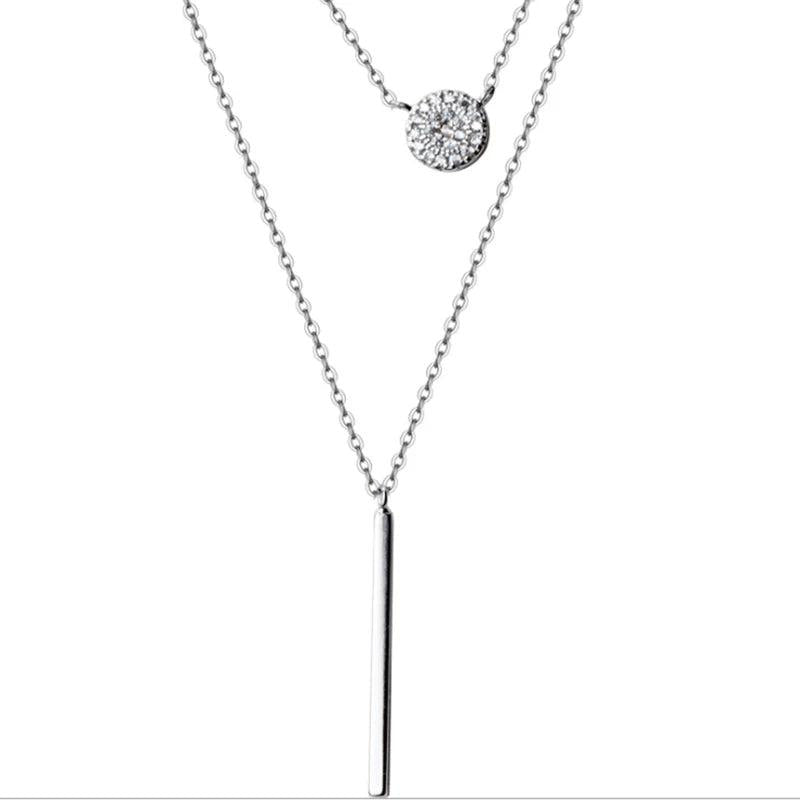 S925 Silver Double Long Charm Pendant Necklace Crystal Romantic Style