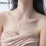 S925 Silver Double Long Charm Pendant Necklace Crystal Romantic Style