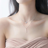 S925 Silver Double Long Charm Pendant Necklace Crystal Romantic Style