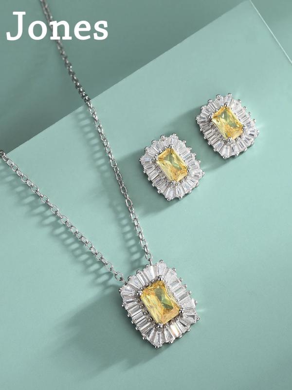 Sterling Silver Yellow Diamond Necklace Earrings Set