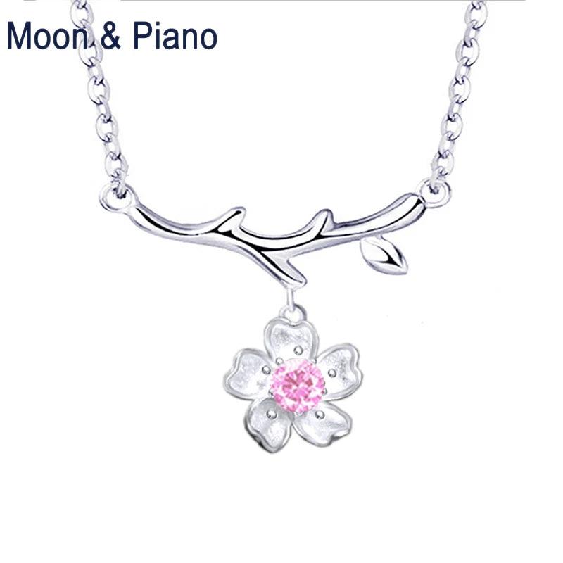 925 Silver Sakura Necklace Cherry Blossoms Fine Jewelry for Woman