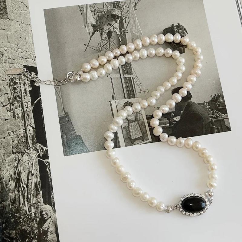 Freshwater Pearl Necklace 925 Silver Agate Choker