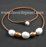 Brown Natural Freshwater Pearl Leather Necklace 8-10MM
