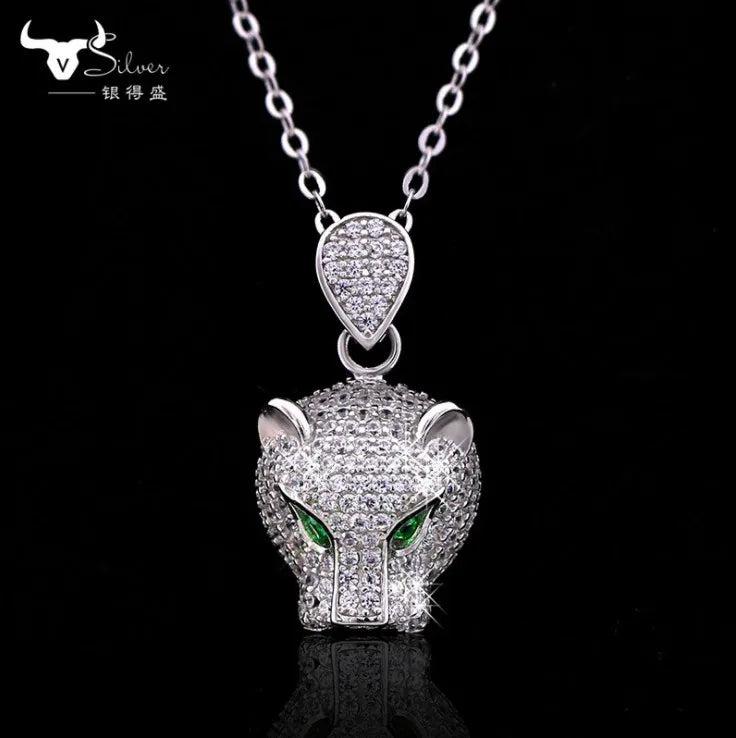 Europe Leopard Head Pendant 925 Silver Necklace with Austrian Crystals