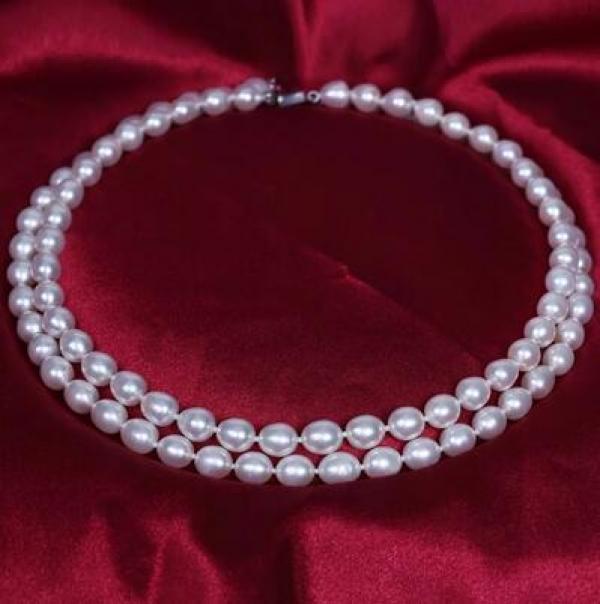 Hand Knotted 2 Rows Fresh Water Rice Pearl Necklace 8-9mm
