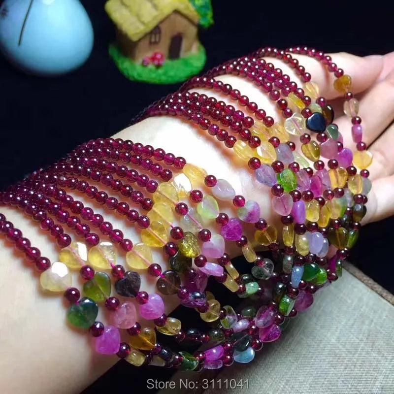 Red Garnet Round & Tourmaline Heart Multicolors Necklace Beads