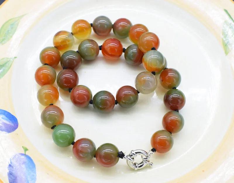 14mm Red/Green Agate Smooth Round Necklace 18inch Beads Nature