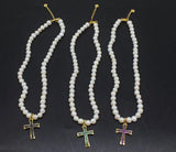 Freshwater Pearl Cross Pendant Necklace with Zircon Beads