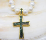 Freshwater Pearl Cross Pendant Necklace with Zircon Beads