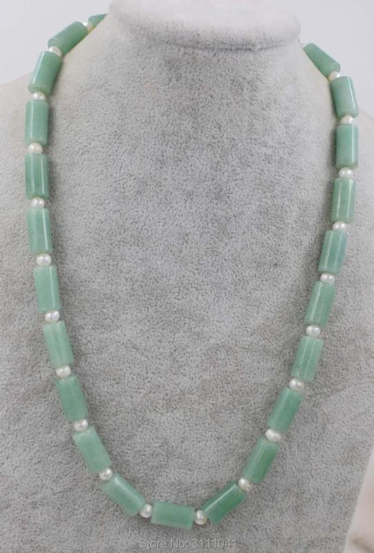 Green Jade Pillar Freshwater Pearl Necklace 19inch