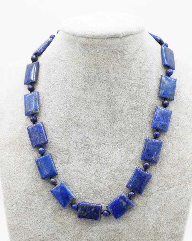 Natural Lapis Lazuli Beaded Necklace 19 Inch Round/Oblong 6mm & 15x20mm Women