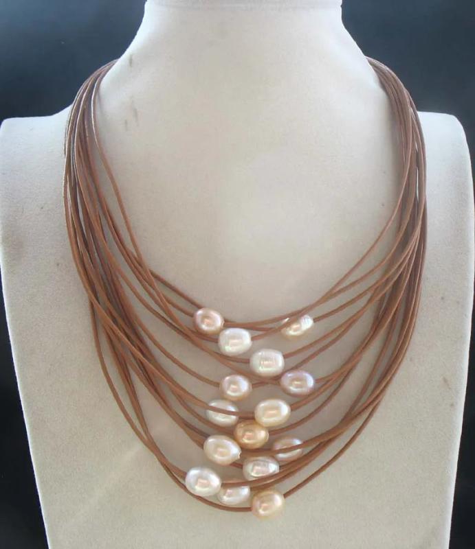 Freshwater Pearl Egg Leather Necklace 18-22inch