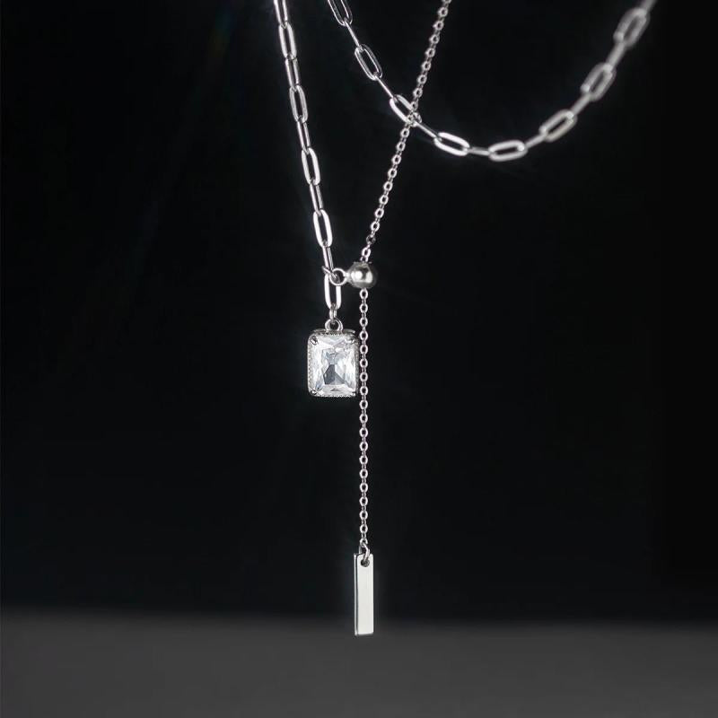 925 Silver Square Zircon Choker Y Chain Necklace
