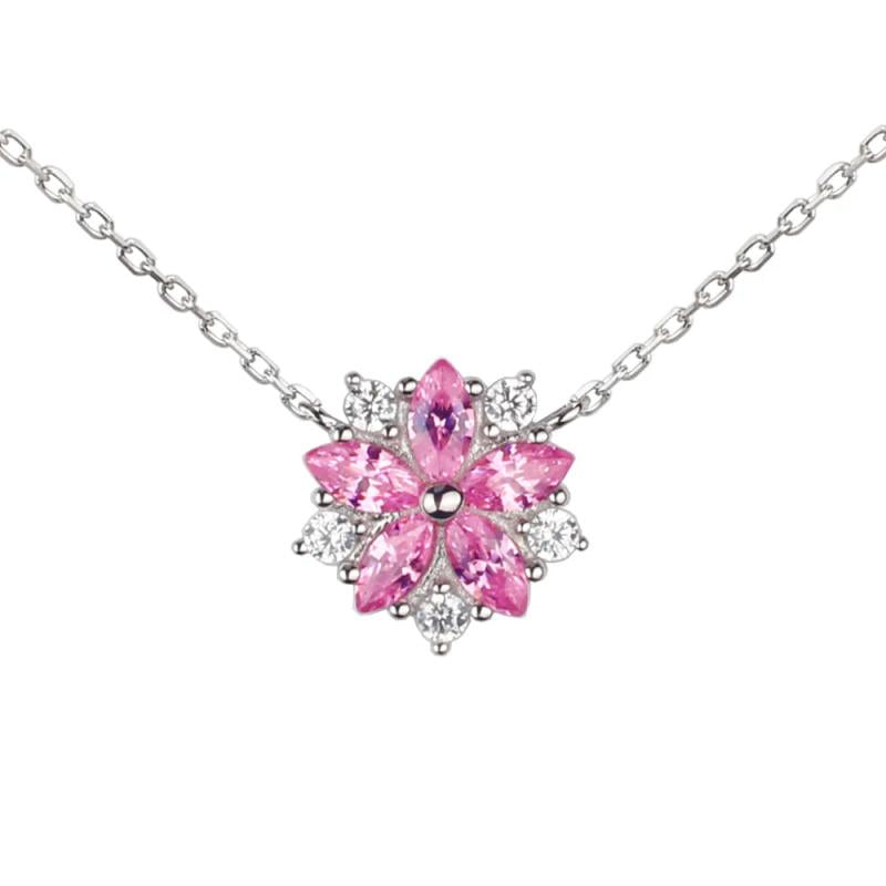925 Silver Pendant Necklace Women Sakura Flower Pink CZ 40+5cm Chain