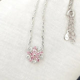 925 Silver Pendant Necklace Women Sakura Flower Pink CZ 40+5cm Chain