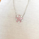 925 Silver Pendant Necklace Women Sakura Flower Pink CZ 40+5cm Chain