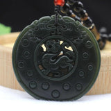 Dark Green Hetian Jade Pixiu Round Pendant Necklace