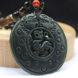 Dark Green Hetian Jade Pixiu Round Pendant Necklace