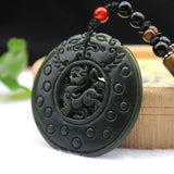 Dark Green Hetian Jade Pixiu Round Pendant Necklace