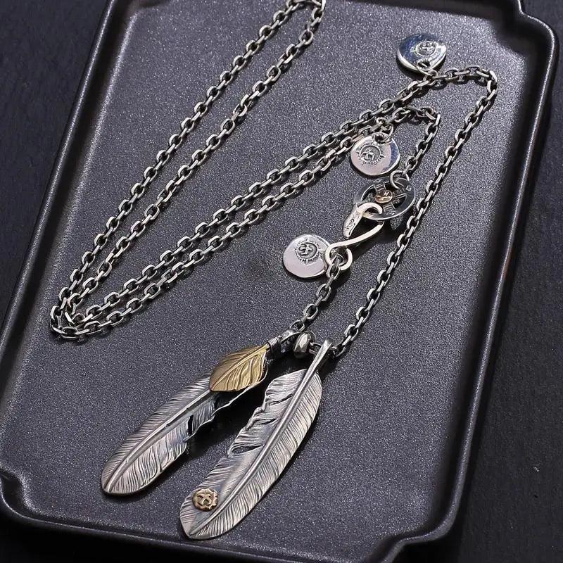 Feather Cross Silver Necklace Retro Style Sweater Chain