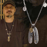Feather Cross Silver Necklace Retro Style Sweater Chain