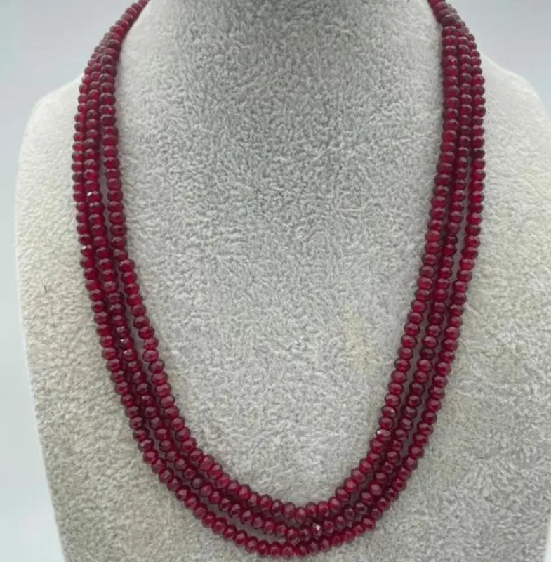 3-Row 2X4mm Dark Red Sapphire Beads Necklace
