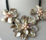 Natural Baroque Freshwater Pearl Shell Flower Leather Necklace