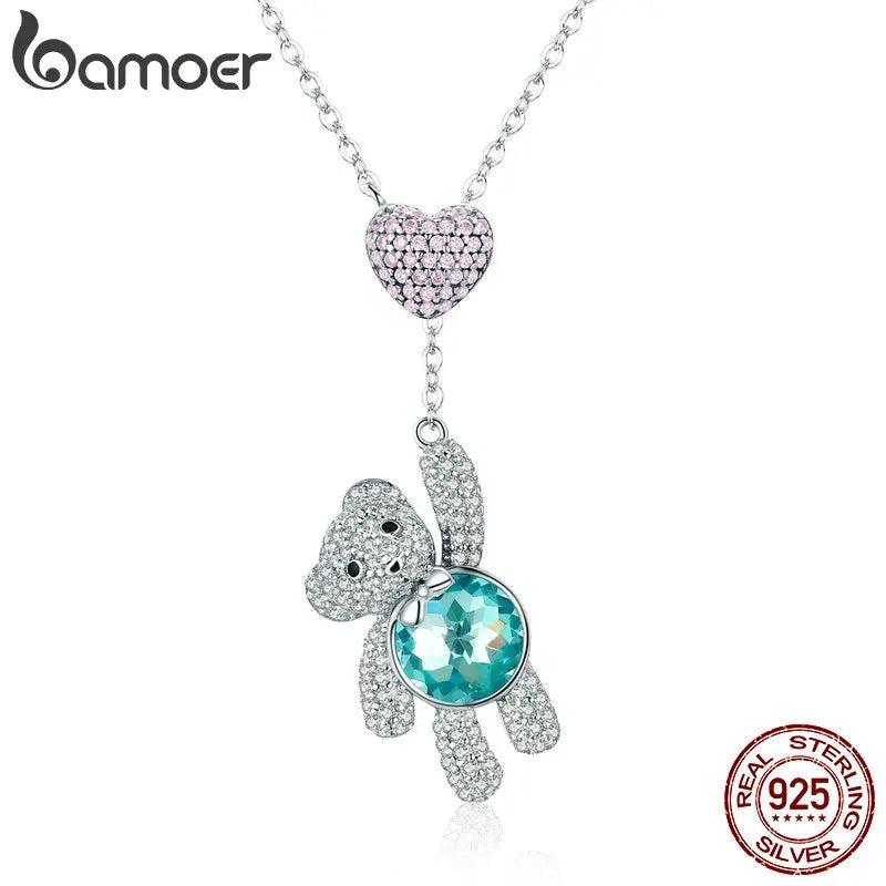 925 Sterling Silver Pink CZ Heart And Bear Animal Pendant Necklace