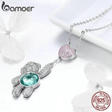 925 Sterling Silver Pink CZ Heart And Bear Animal Pendant Necklace