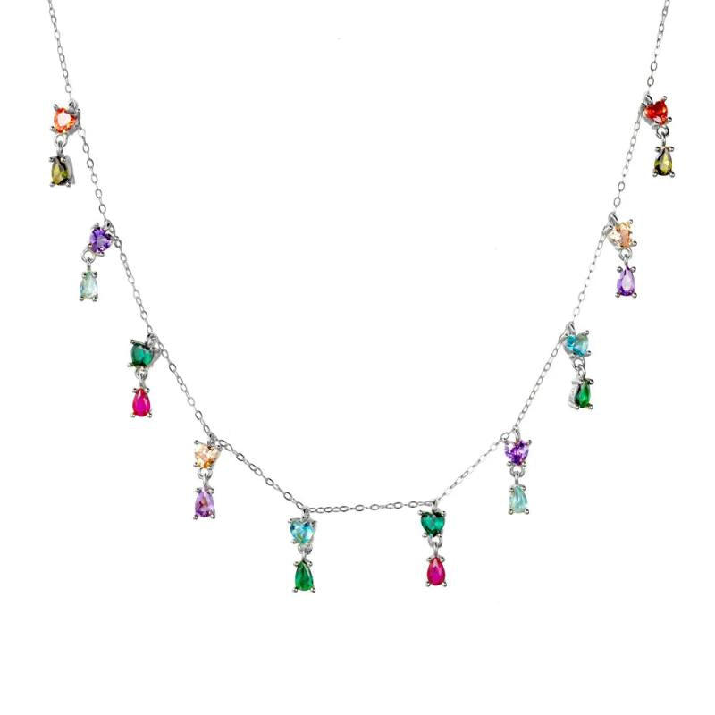 925 Silver Colorful Zircon CZ Charm Pendant Choker Women Party Wedding