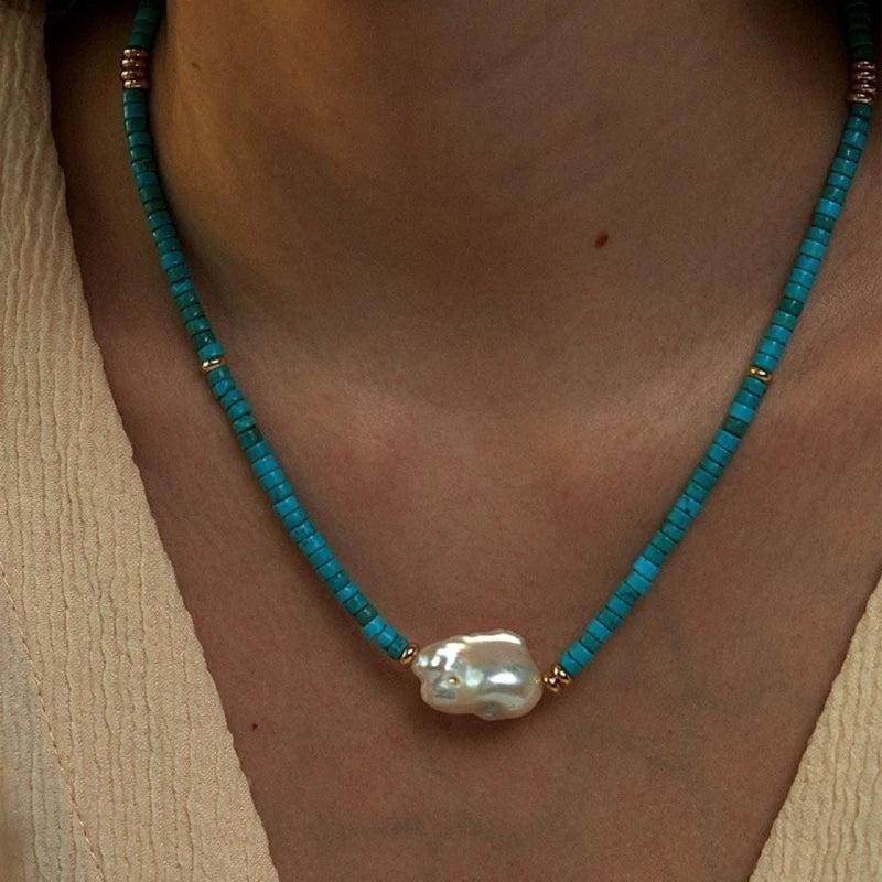 Turquoises Choker Necklace Baroque Pearl Charm Short Necklace
