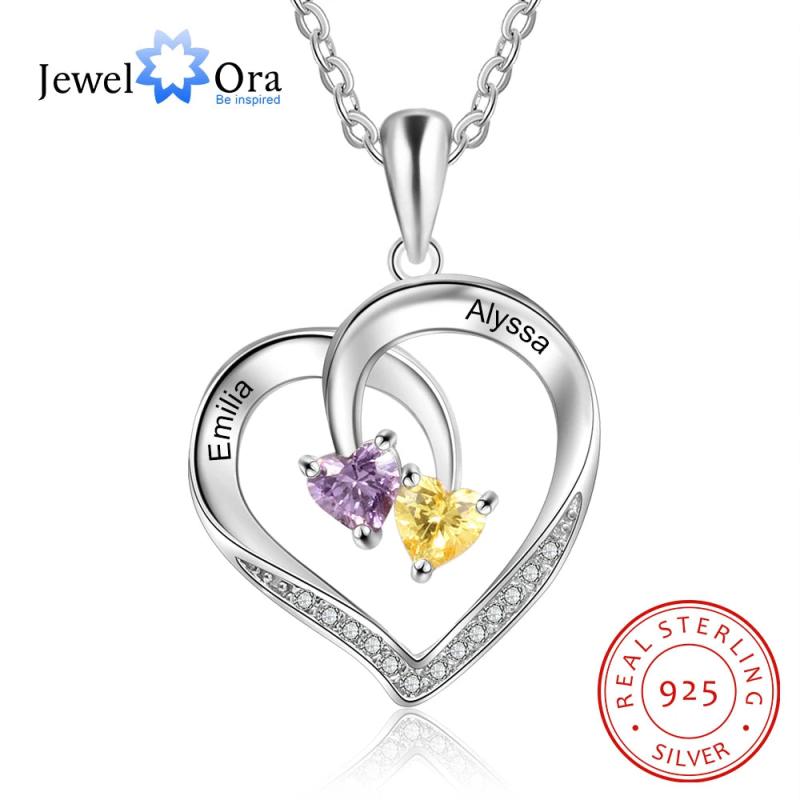 925 Sterling Silver Heart Necklace with 2 Birthstones & Engraved Name