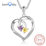 925 Sterling Silver Heart Necklace with 2 Birthstones & Engraved Name