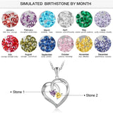 925 Sterling Silver Heart Necklace with 2 Birthstones & Engraved Name
