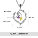 925 Sterling Silver Heart Necklace with 2 Birthstones & Engraved Name