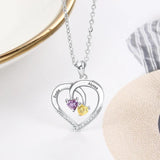 925 Sterling Silver Heart Necklace with 2 Birthstones & Engraved Name