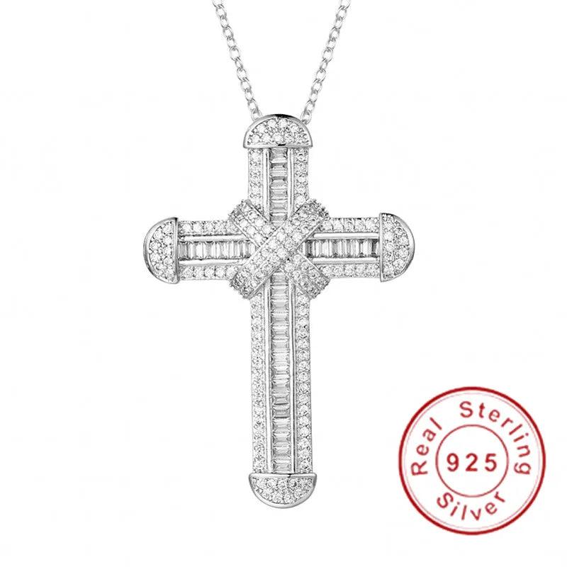 925 Silver Jesus Cross Pendant Necklace Simulated Diamond 14K